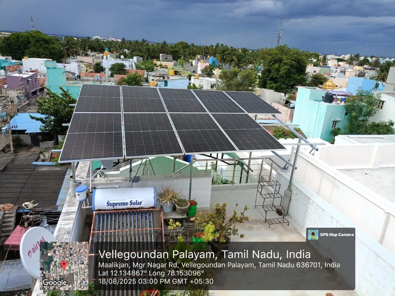 Rooftop solar panels on a home in Dharmapuri, Anna Nagar, Tamil Nadu